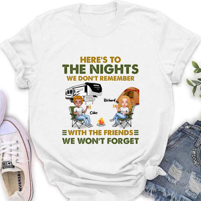 Personalized Camping Friends Shirt/Pullover Hoodie - Up to 7 People - Gift Idea For Friends/ Camping Lover - Here's To The Nights We Don't Remember With The Friends We Won't Forget