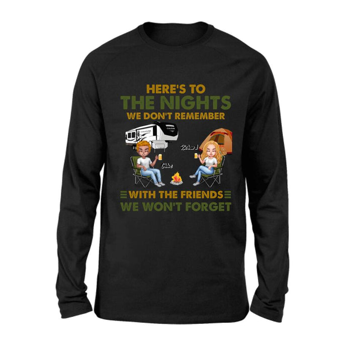 Personalized Camping Friends Shirt/Pullover Hoodie - Up to 7 People - Gift Idea For Friends/ Camping Lover - Here's To The Nights We Don't Remember With The Friends We Won't Forget