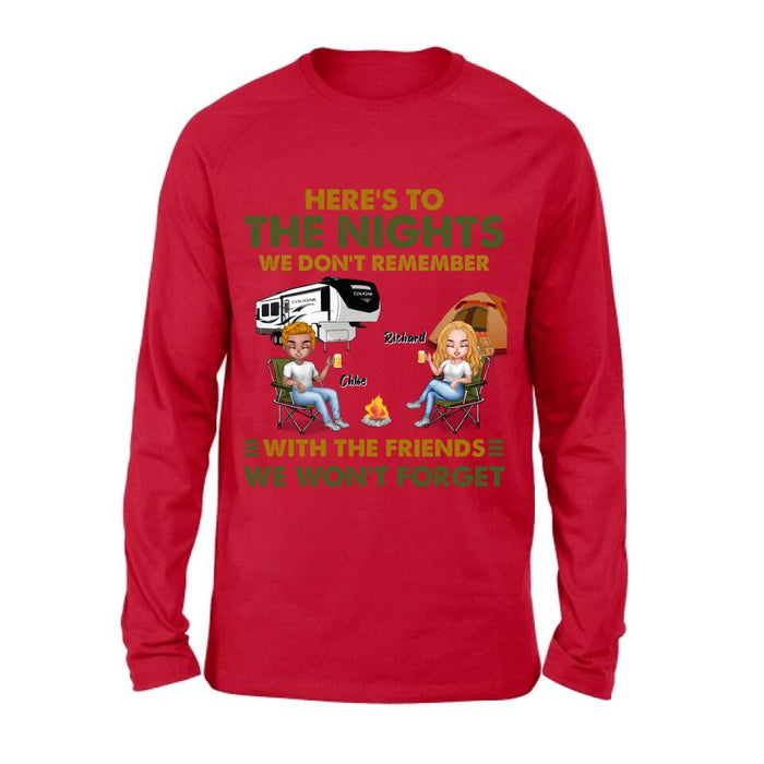 Personalized Camping Friends Shirt/Pullover Hoodie - Up to 7 People - Gift Idea For Friends/ Camping Lover - Here's To The Nights We Don't Remember With The Friends We Won't Forget