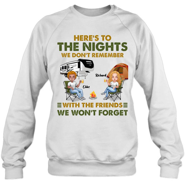 Personalized Camping Friends Shirt/Pullover Hoodie - Up to 7 People - Gift Idea For Friends/ Camping Lover - Here's To The Nights We Don't Remember With The Friends We Won't Forget