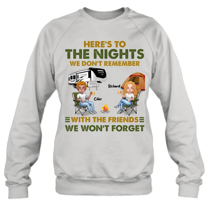 Personalized Camping Friends Shirt/Pullover Hoodie - Up to 7 People - Gift Idea For Friends/ Camping Lover - Here's To The Nights We Don't Remember With The Friends We Won't Forget