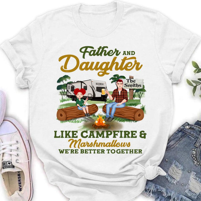 Personalized Camping Dad Shirt/Pullover Hoodie - Father's Day Gift For Camping Lover - Dad/Parents With Up to 2 Kids And 4 Dogs - Father And Daughter Like Campfire & Marshmallows