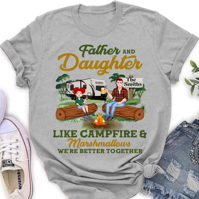 Personalized Camping Dad Shirt/Pullover Hoodie - Father's Day Gift For Camping Lover - Dad/Parents With Up to 2 Kids And 4 Dogs - Father And Daughter Like Campfire & Marshmallows