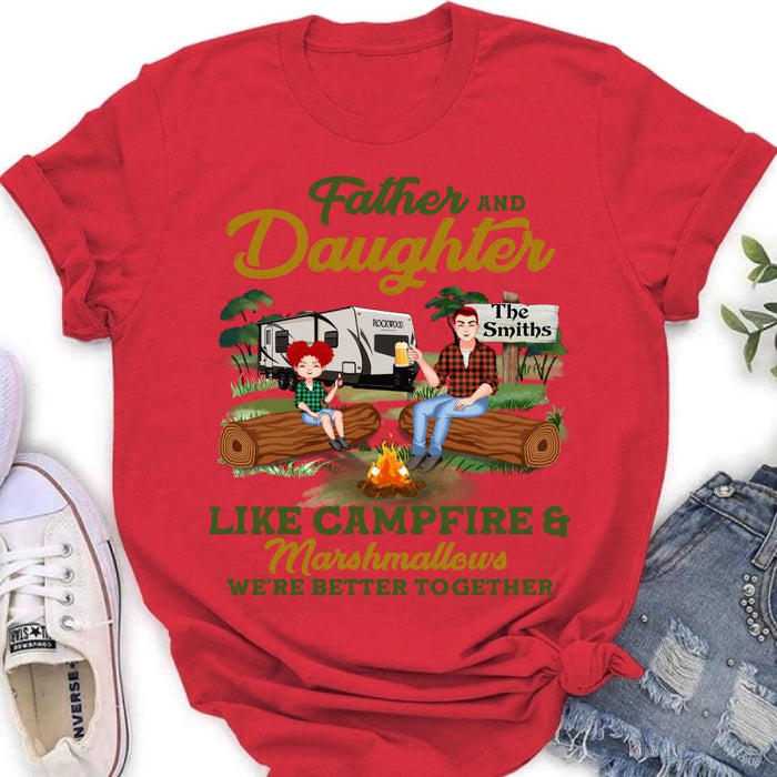 Personalized Camping Dad Shirt/Pullover Hoodie - Father's Day Gift For Camping Lover - Dad/Parents With Up to 2 Kids And 4 Dogs - Father And Daughter Like Campfire & Marshmallows