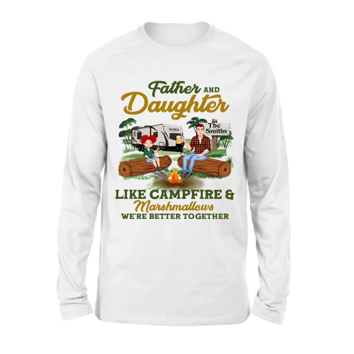 Personalized Camping Dad Shirt/Pullover Hoodie - Father's Day Gift For Camping Lover - Dad/Parents With Up to 2 Kids And 4 Dogs - Father And Daughter Like Campfire & Marshmallows