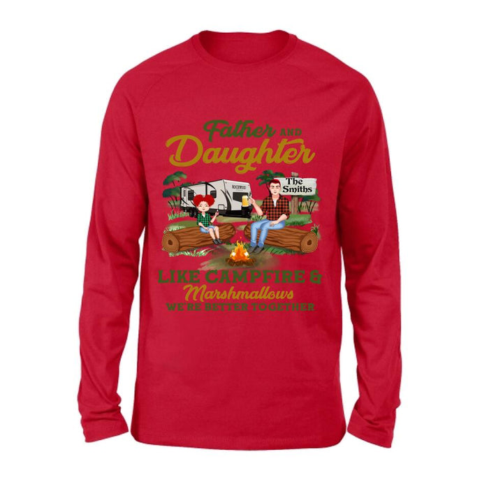 Personalized Camping Dad Shirt/Pullover Hoodie - Father's Day Gift For Camping Lover - Dad/Parents With Up to 2 Kids And 4 Dogs - Father And Daughter Like Campfire & Marshmallows