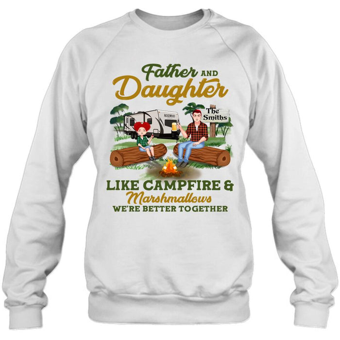 Personalized Camping Dad Shirt/Pullover Hoodie - Father's Day Gift For Camping Lover - Dad/Parents With Up to 2 Kids And 4 Dogs - Father And Daughter Like Campfire & Marshmallows