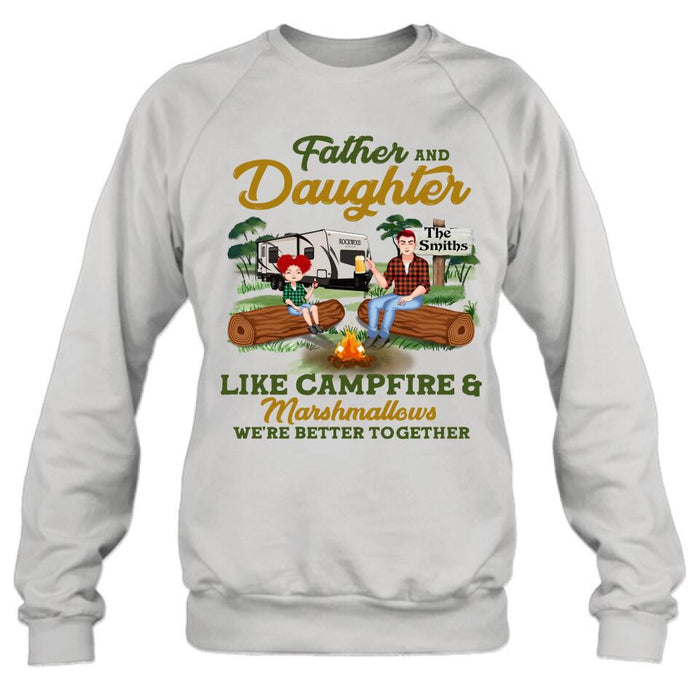Personalized Camping Dad Shirt/Pullover Hoodie - Father's Day Gift For Camping Lover - Dad/Parents With Up to 2 Kids And 4 Dogs - Father And Daughter Like Campfire & Marshmallows