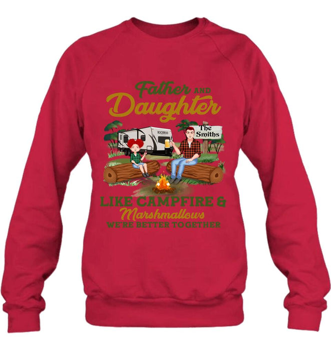 Personalized Camping Dad Shirt/Pullover Hoodie - Father's Day Gift For Camping Lover - Dad/Parents With Up to 2 Kids And 4 Dogs - Father And Daughter Like Campfire & Marshmallows