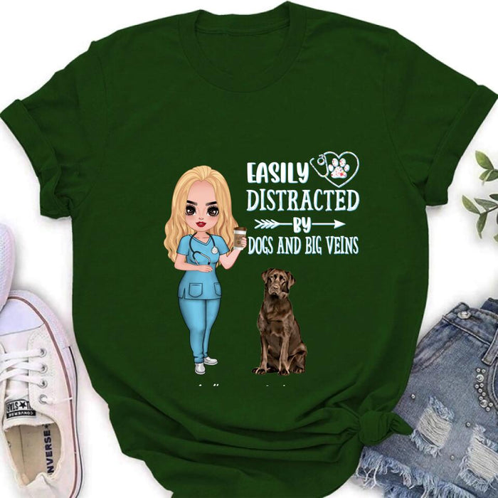 Personalized Nurse Dog Mom Shirt/Pullover Hoodie - Up to 5 Dogs - Gift Idea For Dog Lovers - Easily Distracted By Dogs And Big Veins