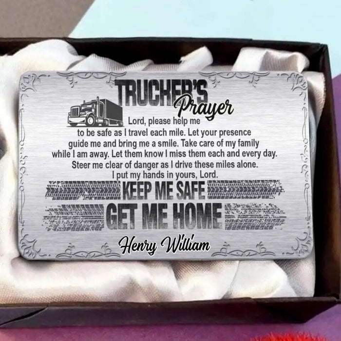 Personalized Trucker's Prayer Aluminum Wallet Card - Gift Idea For Father's Day/Truckers - Lord Please Help Me To Be Safe As I Travel Each Mile