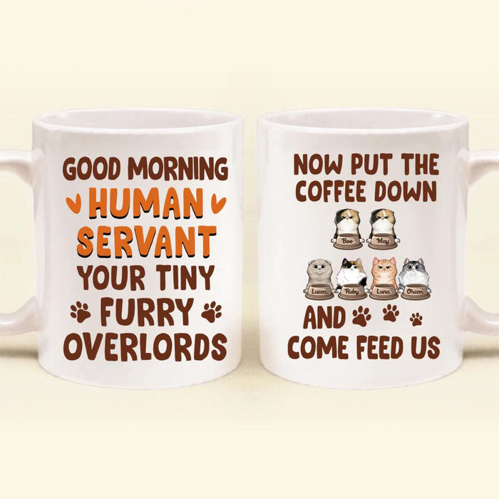Personalized Cats Coffee Mug - Up to 6 Cats - Mother's Day Gift Idea For Cat Lovers - Good Morning Human Servant Your Tiny Furry Overlords
