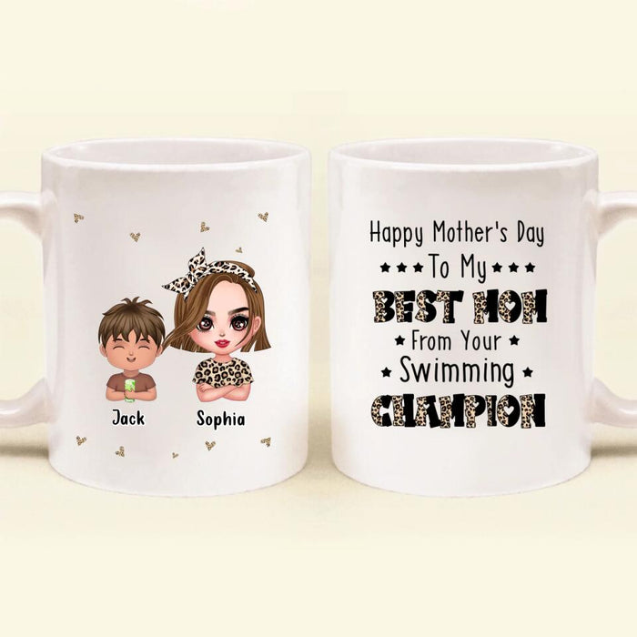 Personalized Mother Coffee Mug - Mom With Up to 4 Children - Mother's Day Gift To Mom - Happy Mother's Day To My Best Mom From Your Swimming Champion