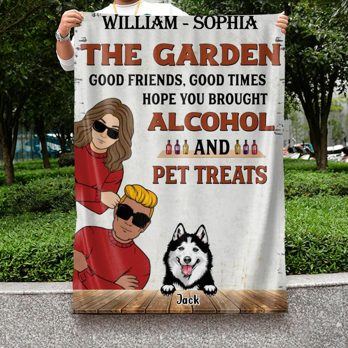 Personalized Couple With Pets Flag Sign - Gift Idea For Couple/Dog/Cat Lover - Up to 3 Pets - Good Friends, Good Times Hope You Brought Alcohol And Pet Treats