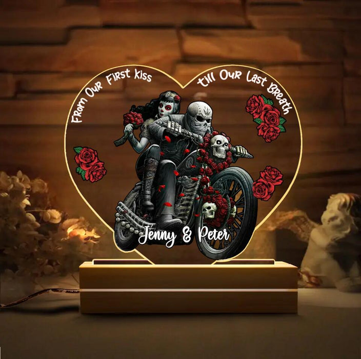 Personalized Biker Skeleton Couple Acrylic Night Light - Gift Idea For Couple/Her/Him - From Our First Kiss Till Our Last Breath