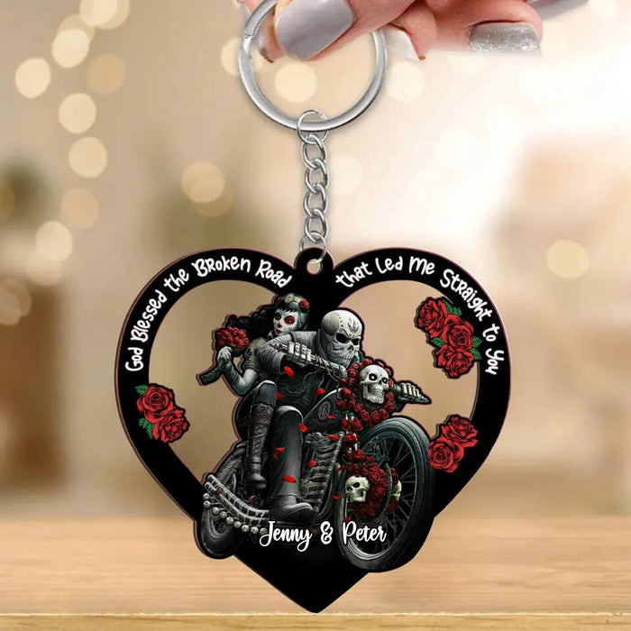 Personalized Biker Skeleton Couple Wooden Keychain - Gift Idea For Couple/Her/Him - God Blessed The Broken Road That Led Me Straight To You
