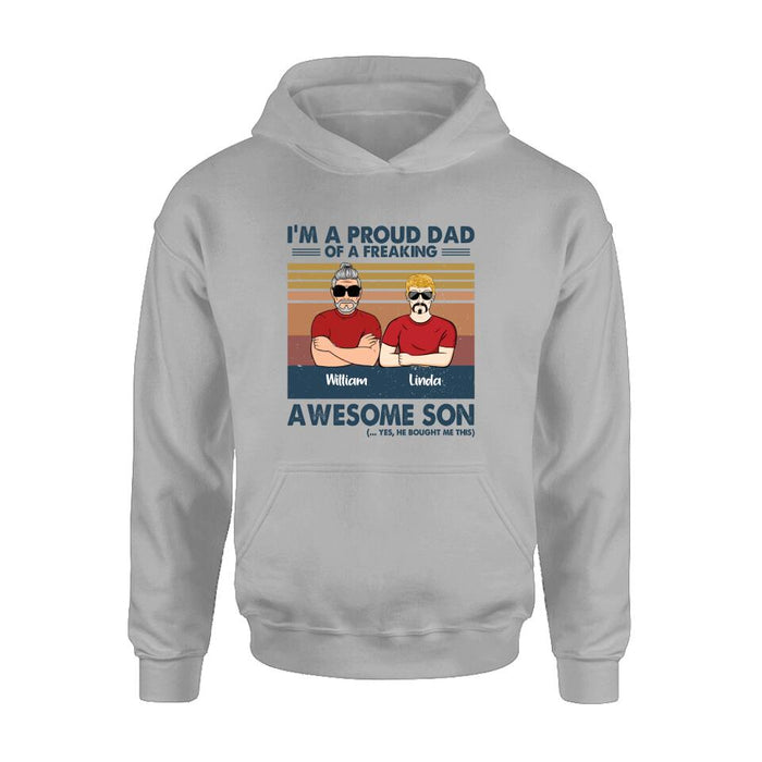Personalized Parent With Children Shirt/Long Sleeve/Hoodie/Sweatshirt - Gift Idea For Mother's Day/Father's Day - Up to 4 Children - I'm A Proud Dad Of A Freaking Awesome Son