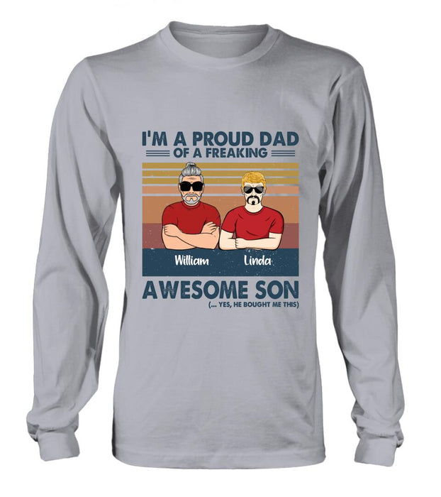 Personalized Parent With Children Shirt/Long Sleeve/Hoodie/Sweatshirt - Gift Idea For Mother's Day/Father's Day - Up to 4 Children - I'm A Proud Dad Of A Freaking Awesome Son