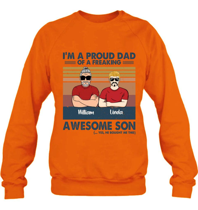 Personalized Parent With Children Shirt/Long Sleeve/Hoodie/Sweatshirt - Gift Idea For Mother's Day/Father's Day - Up to 4 Children - I'm A Proud Dad Of A Freaking Awesome Son