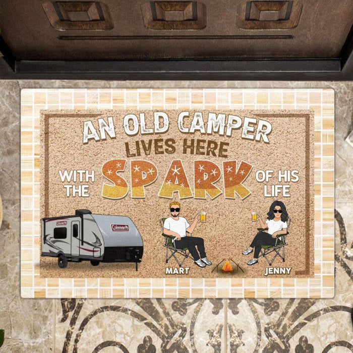 Personalized Camping Couple Doormat - Gift Idea For Couple/Camping Lovers - An Old Camper Lives Here With The Spark Of His Life
