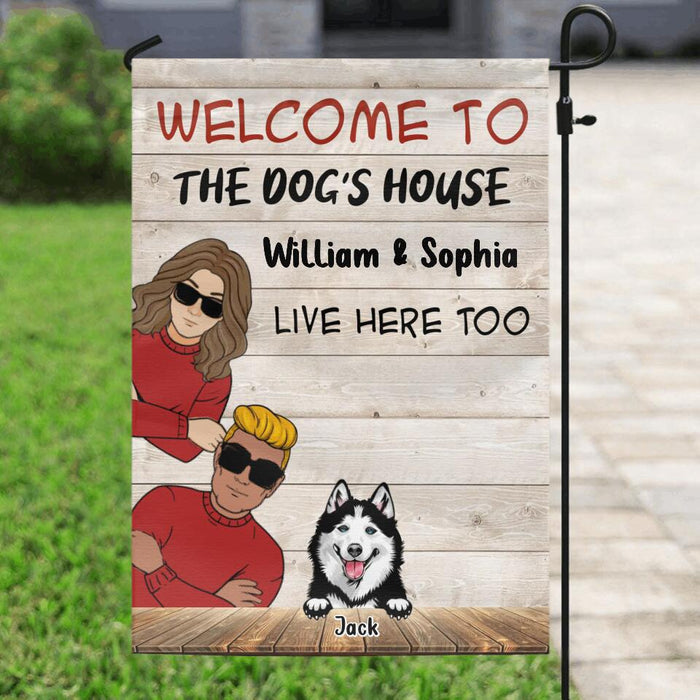 Personalized Couple With Dogs Flag Sign - Gift Idea For Couple/Dog Lover - Up to 3 Dogs - Welcome To The Dog's House