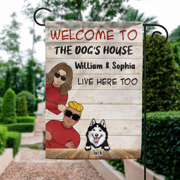 Personalized Couple With Dogs Flag Sign - Gift Idea For Couple/Dog Lover - Up to 3 Dogs - Welcome To The Dog's House