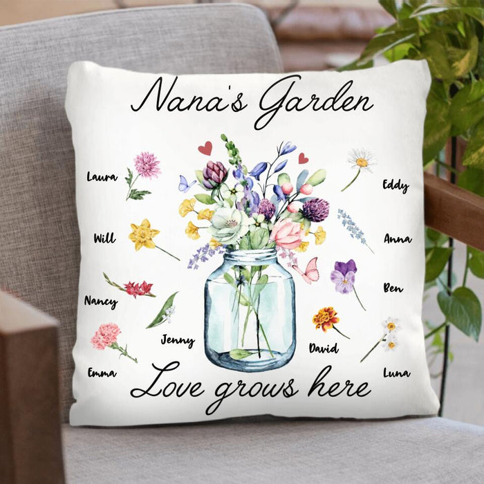Personalized Grandma Pillow Cover - Up to 10 Kids - Mother's Day Gift For Grandma - Nana's Garden Love Grows Here
