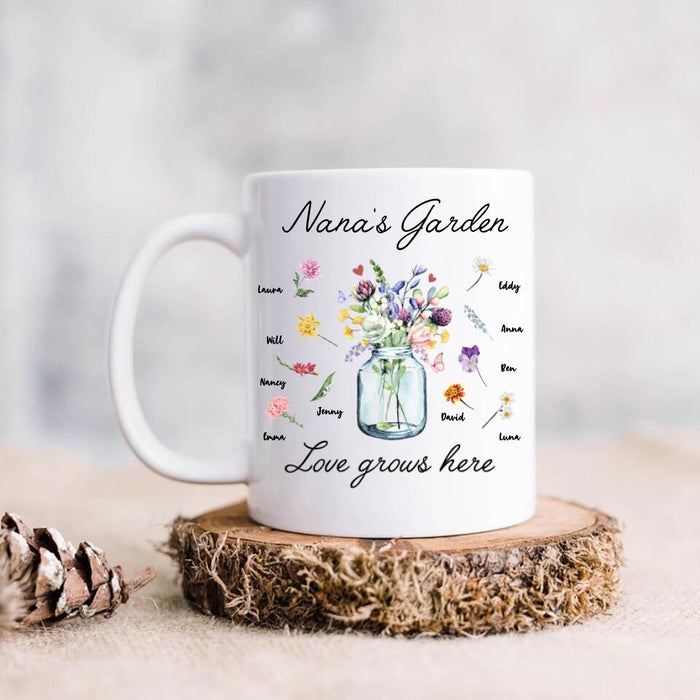 Personalized Grandma Mug - Up to 10 Kids - Mother's Day Gift For Grandma - Nana's Garden Love Grows Here
