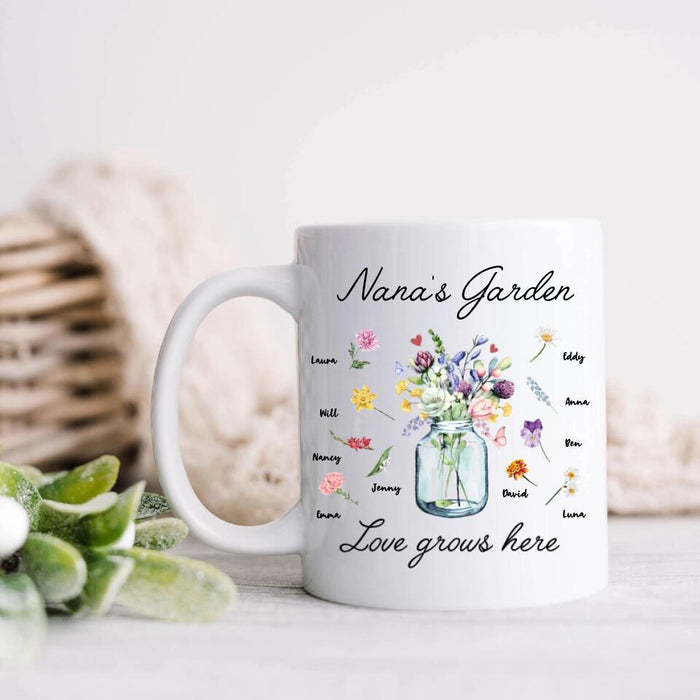 Personalized Grandma Mug - Up to 10 Kids - Mother's Day Gift For Grandma - Nana's Garden Love Grows Here