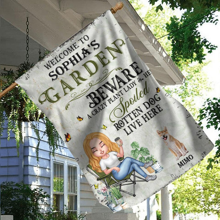 Personalized Pet Mom Flag - Up to 5 Pets - Mother's Day Gift Idea For Dog/Cat/Chicken Lover - Beware A Crazy Plant Lady & Her Spoiled Rotten Dog Live Here