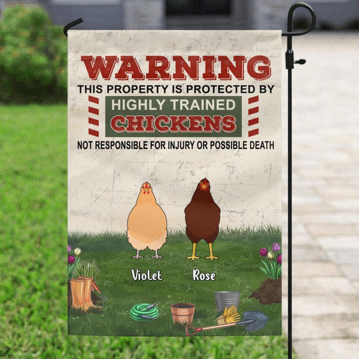 Personalized Chicken Flag Sign - Up to 7 Chickens - Gift Idea For Chicken Lovers - Warning This Property Is Protected By Highly Trained Chickens Not Responsible For Injury Or Possible Death