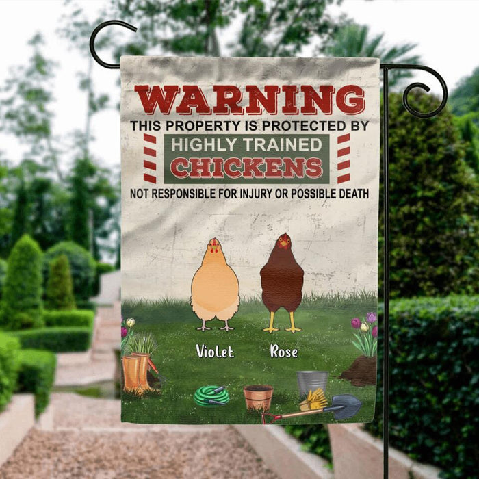 Personalized Chicken Flag Sign - Up to 7 Chickens - Gift Idea For Chicken Lovers - Warning This Property Is Protected By Highly Trained Chickens Not Responsible For Injury Or Possible Death