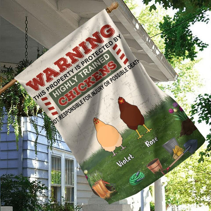 Personalized Chicken Flag Sign - Up to 7 Chickens - Gift Idea For Chicken Lovers - Warning This Property Is Protected By Highly Trained Chickens Not Responsible For Injury Or Possible Death