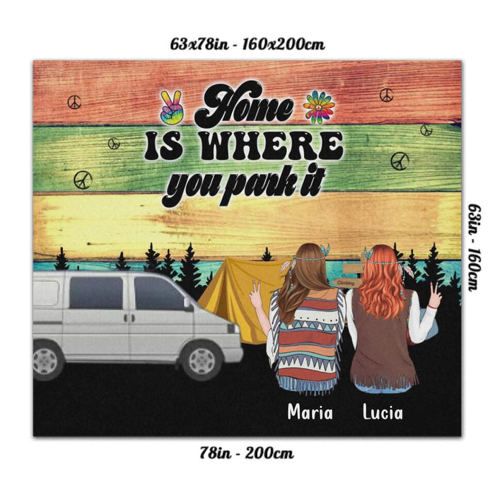 Personalized Hippie Friends Rug - Gift Idea For Hippie Lovers - Up to 3 Girls - Home Is Where You Park It