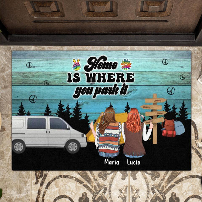 Personalized Hippie Friends Doormat - Gift Idea For Hippie Lovers - Up to 3 Girls - Home Is Where You Park It