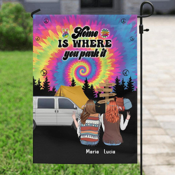 Personalized Hippie Friends Flag Sign - Gift Idea For Hippie Lovers - Up to 3 Girls - Home Is Where You Park It
