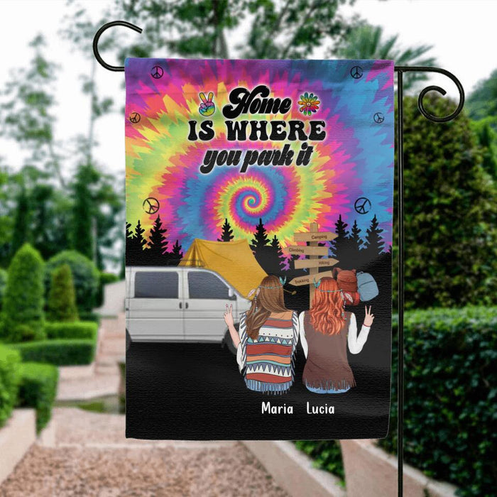 Personalized Hippie Friends Flag Sign - Gift Idea For Hippie Lovers - Up to 3 Girls - Home Is Where You Park It
