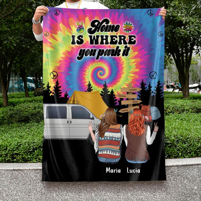 Personalized Hippie Friends Flag Sign - Gift Idea For Hippie Lovers - Up to 3 Girls - Home Is Where You Park It