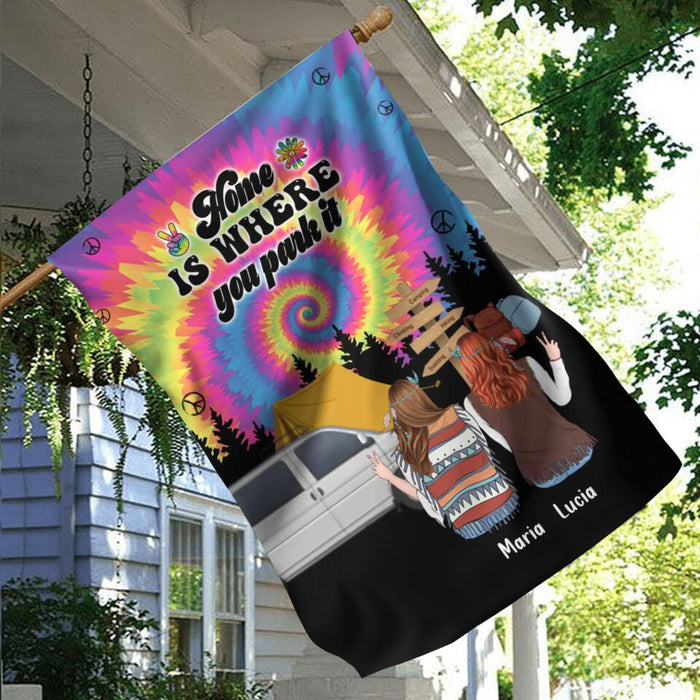 Personalized Hippie Friends Flag Sign - Gift Idea For Hippie Lovers - Up to 3 Girls - Home Is Where You Park It