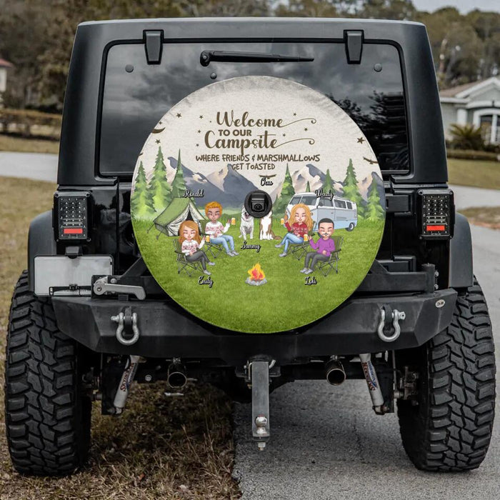 Personalized Camping Spare Tire Cover - Up to 4 People and 2 Pets - Gift Idea For Couple/Camping/Dog/Cat Lovers - Welcome To Our Campsite