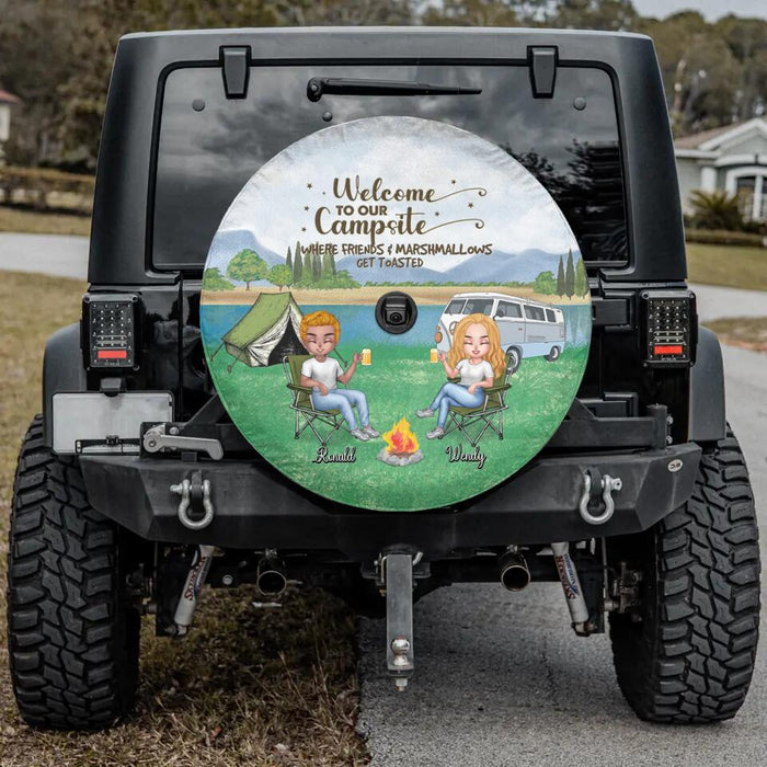 Personalized Camping Spare Tire Cover - Up to 4 People and 2 Pets - Gift Idea For Couple/Camping/Dog/Cat Lovers - Drive Slow Drunk Campers Matter