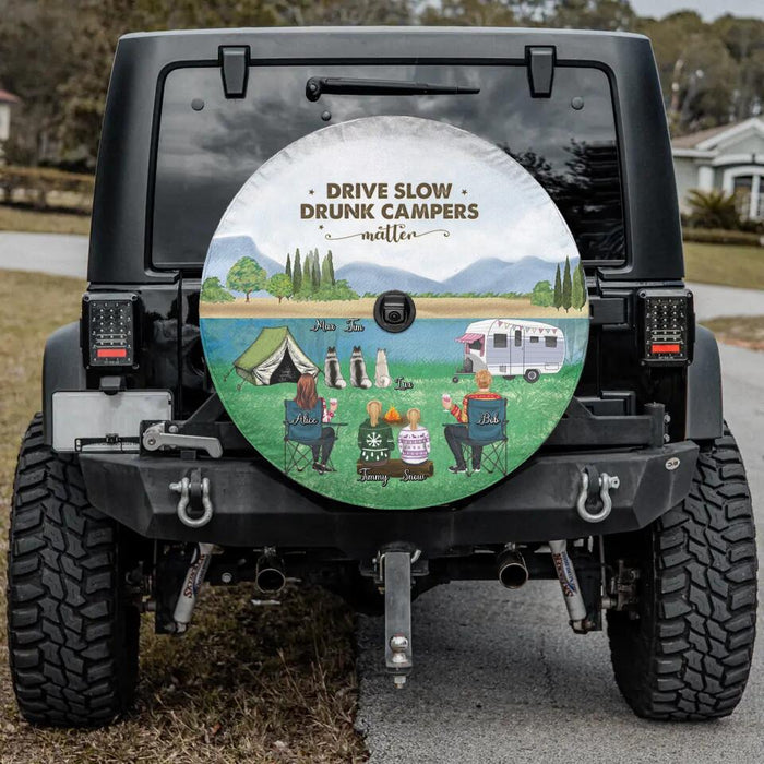 Personalized Camping Spare Tire Cover - Adult/Couple/Single Parent/Parents With Up to 2 Kids And 3 Pets - Gift Idea For Couple/Camping Lover - Drive Slow Drunk Campers Matter