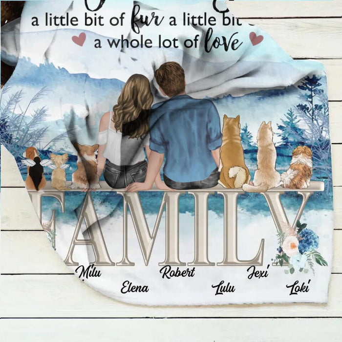 Personalized Couple With Dogs Quilt/Fleece Throw Blanket - Gift Idea For Couple/Dog Lovers - Up to 6 Dogs - Family A Little Bit Of Fur A Little Bit Of Bark A Whole Lot Of Love