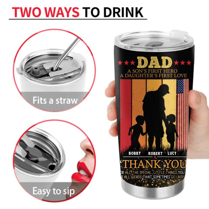 Personalized Father Tumbler - Gift Idea For Father's Day From Son And Daughter - Dad A Son's First Hero A Daughter's First Love
