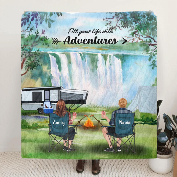 Personalized Camping Quilt/Fleece Blanket - Couple/Parents With Up to 4 Kids And 4 Pets - Best Gift For Camping Lover - Fill Your Life With Adventures