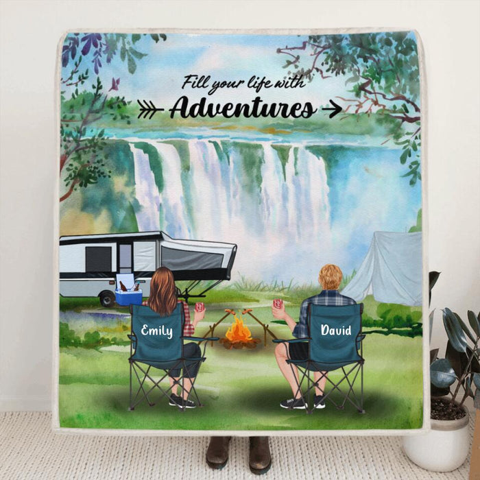 Personalized Camping Quilt/Fleece Blanket - Couple/Parents With Up to 4 Kids And 4 Pets - Best Gift For Camping Lover - Fill Your Life With Adventures
