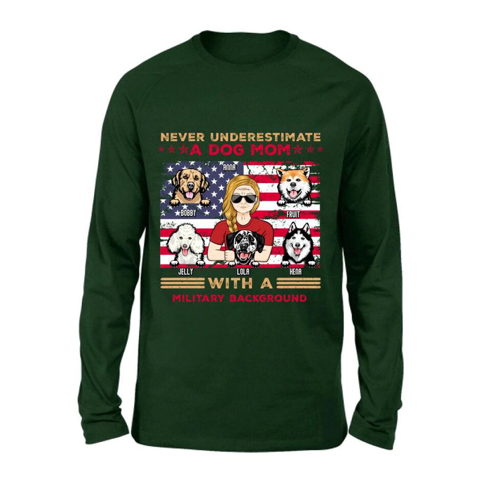 Personalized Dog Mom T-Shirt/Long Sleeve/Sweatshirt/Hoodie - Gift Idea For Mother's Day/Dog Lover - Never Underestimate A Dog Mom With A Military Background