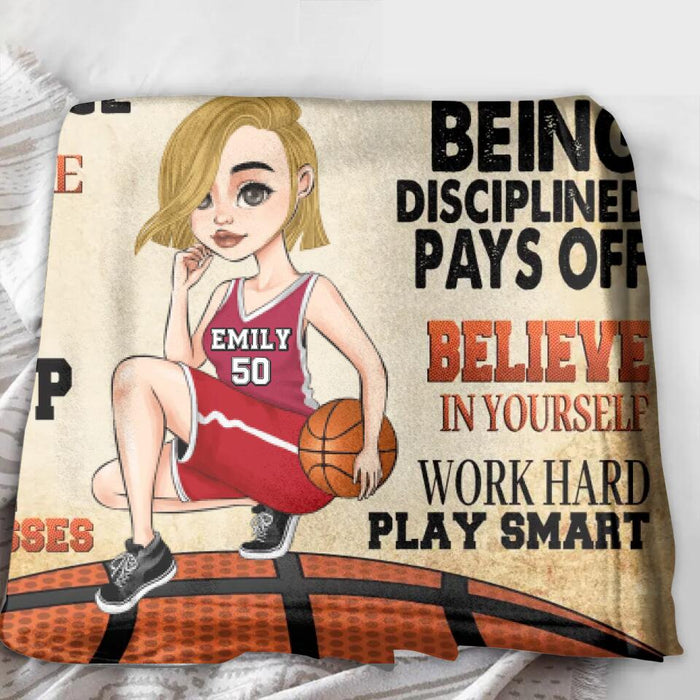 Personalized Basketball Girl Fleece Throw Blanket/Quilt - Gift Idea For Basketball Lovers - Believe In Yourself Work Hard & Play Smart