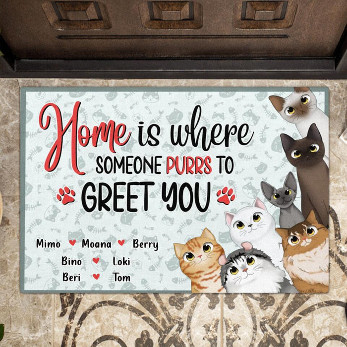 Personalized Cat Doormat - Gift Idea For Cat Lover - Up to 7 Cats - Home Is Where Someone Purrs To Greet You