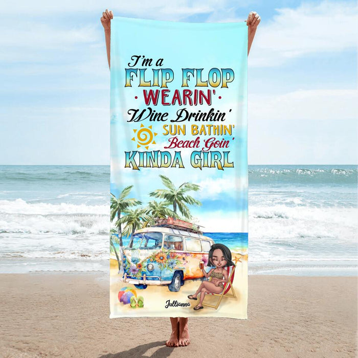 Personalized Girl Beach Towel - Gift For Beach Girls/Beach Lovers - I'm A Flip Flop Wearin' Wine Drinkin' Sun Bathin' Beach Goin' Kinda Girl
